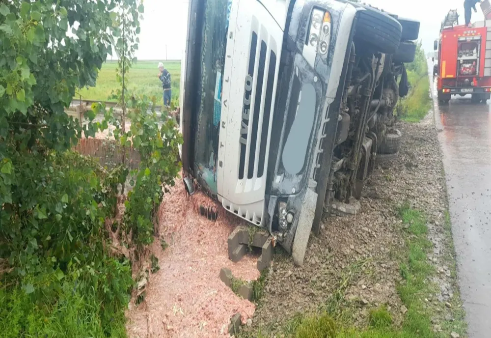 Camion răsturnat pe DJ 203 B